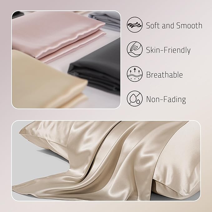 Mulberry Silk Pillowcase for Hair and Skin Prevent Acne Pillow Cases Both Sides Real Silk Pillowcases Organic Silk Pillowcase with Hidden Zipper, Champagne, King (20"×36")