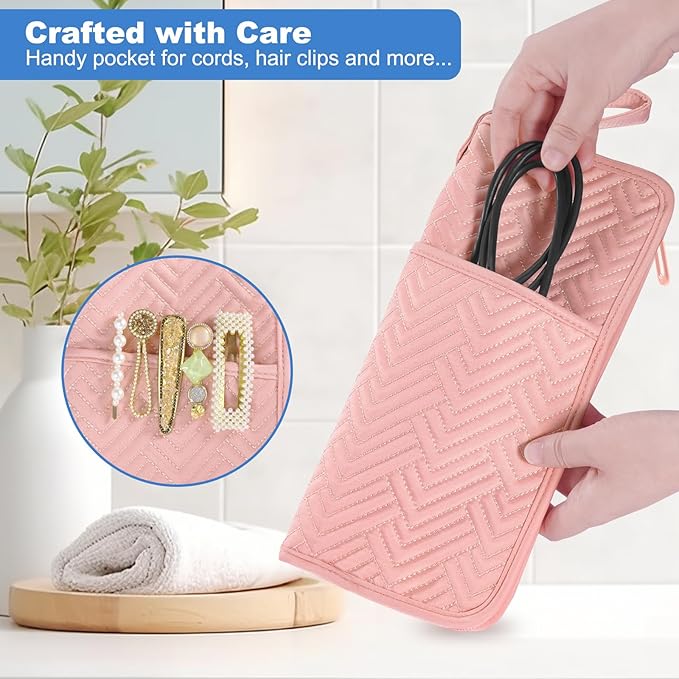 SITHON Hot Iron Holder & Mat, Heat Resistant Hair Tools Travel Bag Portable Hot Tools Organizer Cover Pouch for Curling Irons, Flat Irons, Hair Straightener and Styling Tools (Bag Only) (Pink)