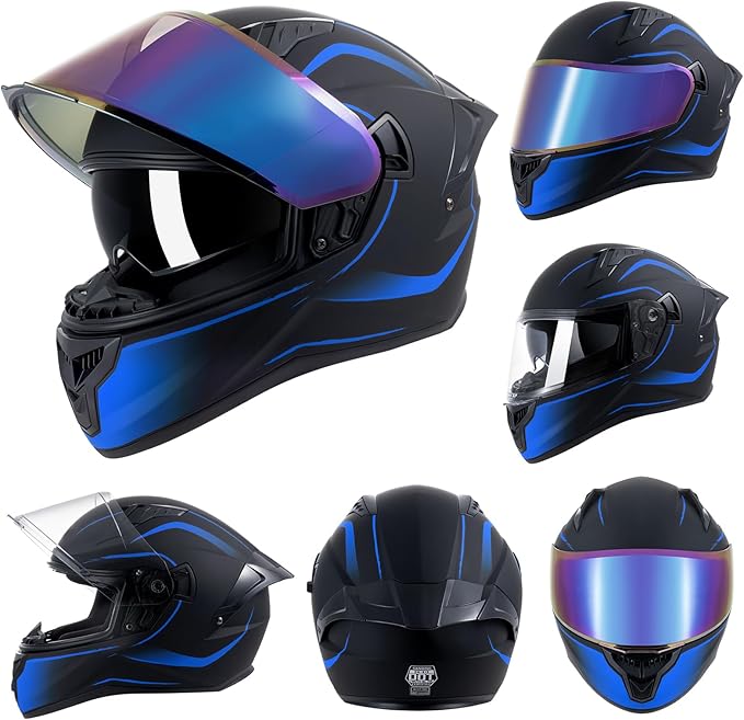 Full Face Motorcycle Helmets for Adult Men Women, DOT Approved Street Bike Racing Helmet Dual Visor Quick Release Buckle, Motorbike ADV Moped Helmet with Extra Clear Visor