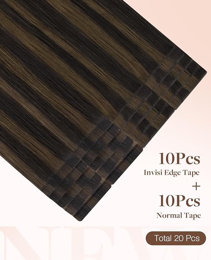 GOO GOO Invisi Edge Tape in Hair Extensions Human Hair, 2/6 Dark Brown Highlighted Chestnut Brown 10pcs injected with 10pcs classical tape ins, 24inch 50g, Virgin Remy Hair, Natural Look