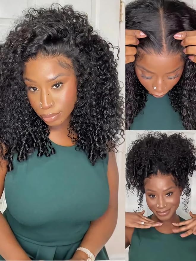 Julia Hair 7x5 Lace Water Curly Texture Wig With Finger Coil Ends Glueless Wigs Human Hair Put On and Go Invisible Lace Pre Plucked Pre Cut Bleached Knots Natural Hairline 16 Inch