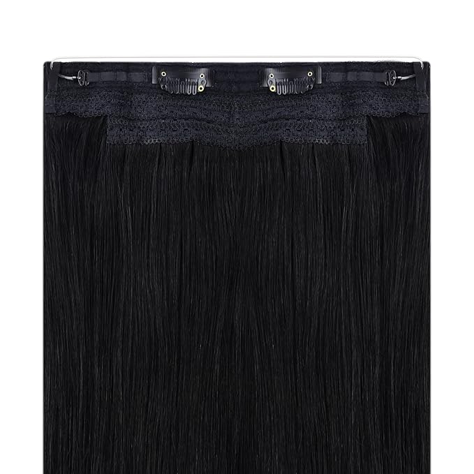 YoungSee Wire Hair Extensions Jet Black Hair Extensions Invisible Wire Black Fish Line Hair Extension Real Human Hair Short Straight Hair 12Inch 70g