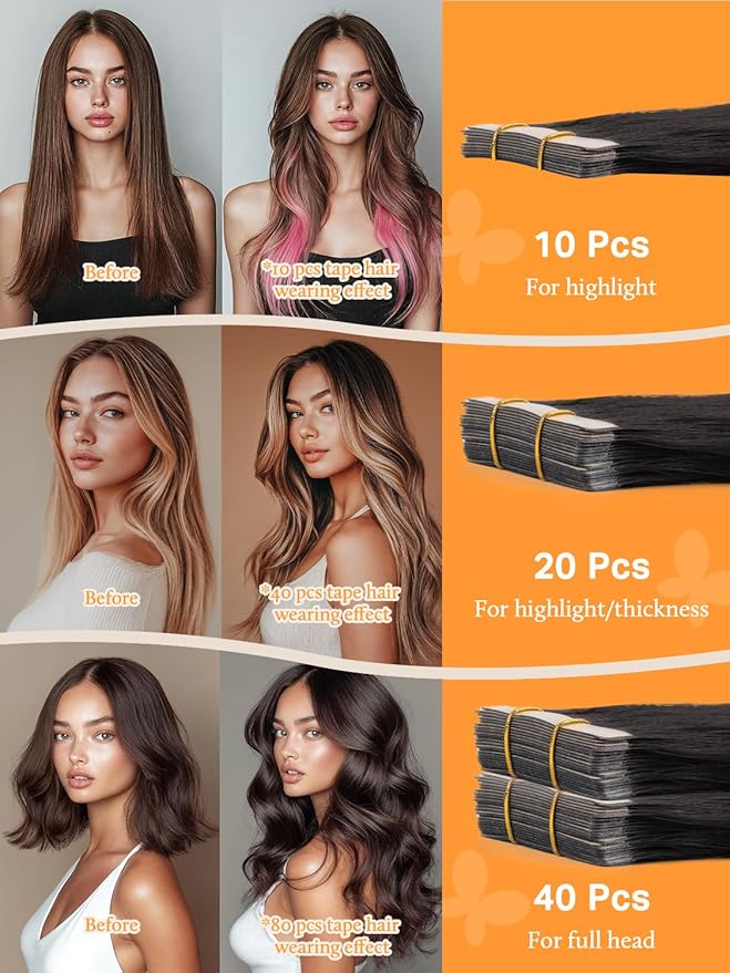 DOORES Tape in Human Hair Extensions, Natural Black 16 Inch 40pcs 100g, Real Hair Extensions Tape in Real Hair Glue in Extensions Skin Weft Silky Straight Hair for Women