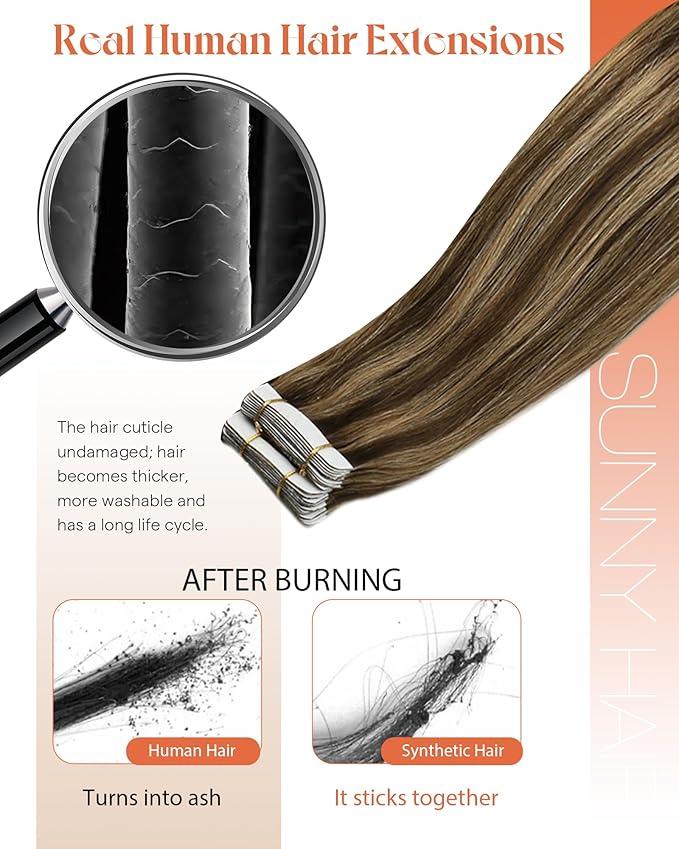 Sunny Hair Tape in Hair Extensions Human Hair 14 Inch Hair Extensions Real Human Hair Tape in Extensions for Women Medium Brown Highlights Caramel Blonde Remy Hair Straight Skin Weft 40pcs 100g