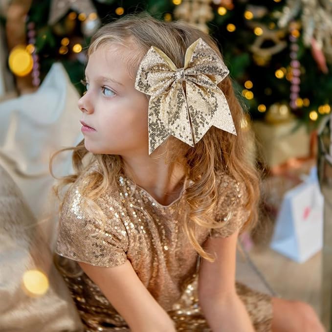 Large Glitter Cheer Bows Clips, Jumbo Big 7 Inch Cheerleading Sequin Hair Bow Hair Accessories for Teens Girls Football Sports Cheerleader Outfit Uniform (Gold)