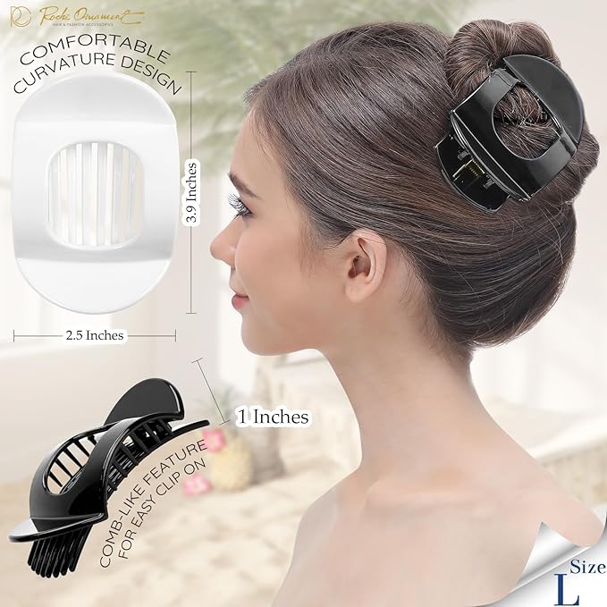 RC ROCHE 6 Pcs Flat Claw Hair Clips for Women Thick Hair French Round Duckbill Square Secure Strong Hold Grip Clamps Barrettes Curved No Slip No Crease Styling Cute Jumbo XL, Large Holiday Special