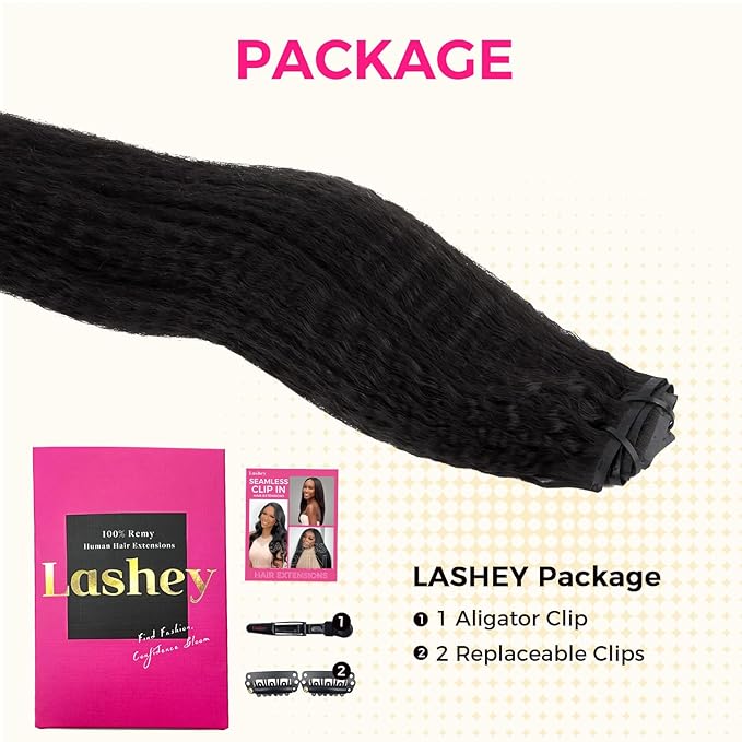 Lashey Seamless Clip in Hair Extensions Human Hair #1 Jet Black Kinky Straight Clip in Hair Extensions Real Human Hair 7pcs 110g 18 Inch PU Weft Natural Hair Extension for Women