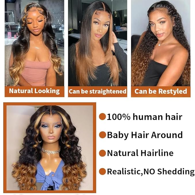 200% Density 13x6 Lace Front Wigs Human Hair Pre Plucked Body Wave 13x6 HD Transparent Ombre 1B/30 Lace Front Wigs With Baby Hairs Glueless Wigs Balayage Wigs Human Hair Wig For Women 34 Inch