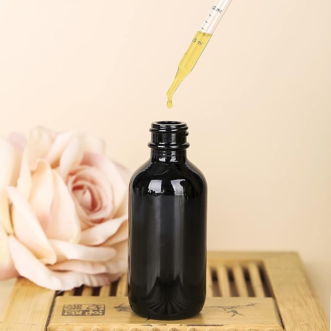 1 oz UV Resistant Dropper Bottle 12 Pack Black Glass Boston Bottles 30ml with Eye Droppers Black Caps for Essential Oils, Perfume, Leak Proof Travel Bottles for Liquids