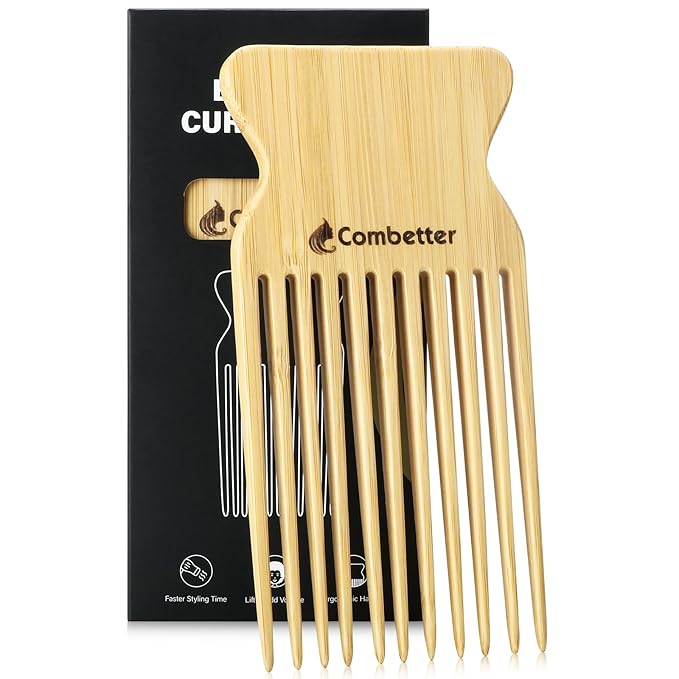 Combeter Bamboo Hair Pick Comb for Thick Curly Hair & Beard – Eco-Friendly Anti Static Afro Pick Wooden Comb for Detangling & Styling for Men, Women & Kids