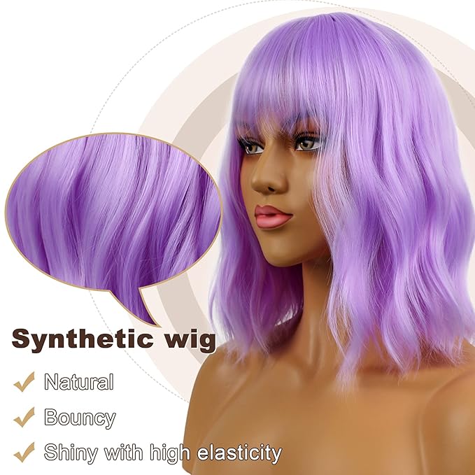 Short Bob Wigs with Bangs for Women Loose Wavy Wig Curly Wavy Shoulder Length Bob Synthetic Cosplay Wig for Girl Colorful Costume Wigs (Purple)