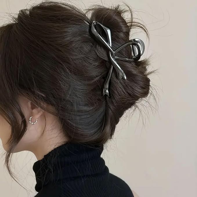 Black Ribbon Bow Metal Hair Clips Claw, 1Pcs 4.52Inch Hair Claw Clips for Thin Thick Hair Accessories Alloy Elegant Non-Slip Strong Hold Grip Hair Jaw Clip(Black Ribbon)