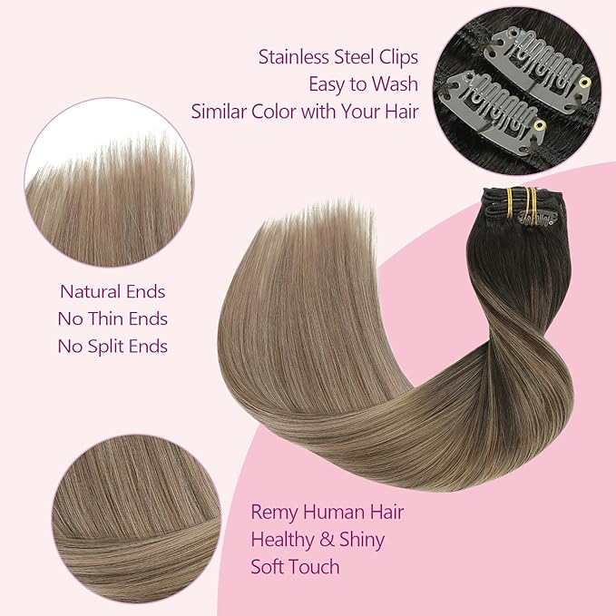 PINKPEARL Clip in Hair Extensions Real Human Hair #2/6/18 Balayage Dark Brown to Chestnut Brown and Ash Blonde 7pcs 120g 18inch Ombre Remy Human Hair Extensios Clip ins(#2/6/18-18)