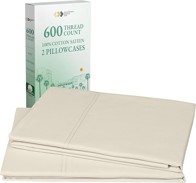 California Design Den Luxuriously Soft Premium 600 Thread Count, 100% Cotton Set of 2 Cases, Crisp King Size Pillow Case Set of 2, Fits King Pillows - Ivory (Warm Cream)
