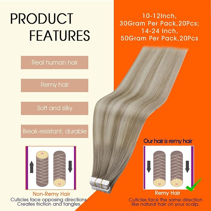 Full Shine Blonde Tape in Hair Extensions Human Hair 14Inch Double Sided Tape in Extension Color 19/8/60 Grey Ombre Ash Brown And Blonde Human Hair Straight Hair Extension Tape ins for Women 50G 20Pcs