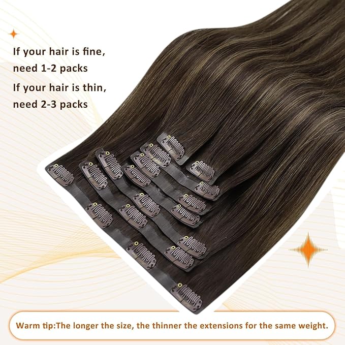 Full Shine Human Hair Clip in Extensions Balayage Dark Brown to Ash Brown Highlights Hair Extension Clip ins with Thick Ends for Women 18 Inch 120 Grams 8 PCS