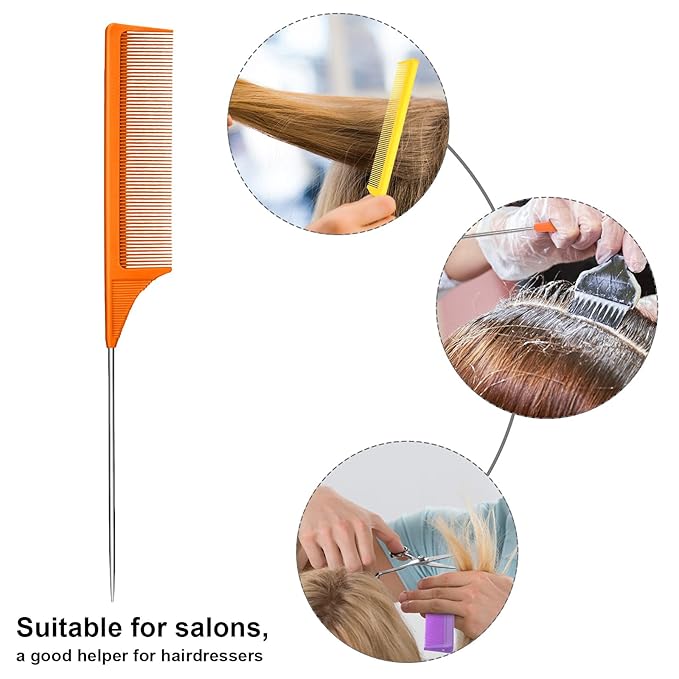 Leinuosen 3 Packs Rat Tail Comb Steel Pin Rat Tail Carbon Fiber Heat Resistant Teasing Combs with Stainless Steel Pintail (Purple, Orange, Yellow)