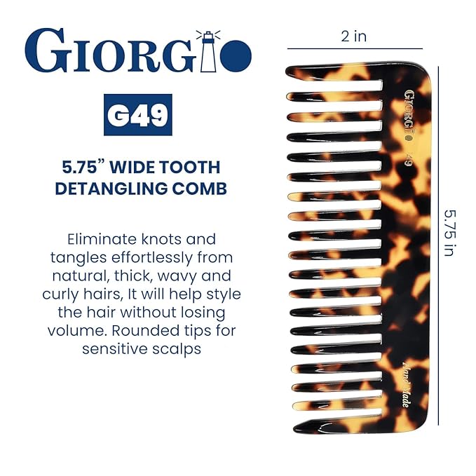Giorgio G49 Yellow Tokio Large Wide Tooth Detangler Comb for Thick/Curly/Wavy Hair,Detangler Comb for Wet/Dry Use. Handmade of Quality Cellulose, Saw-Cut, Hand Polished