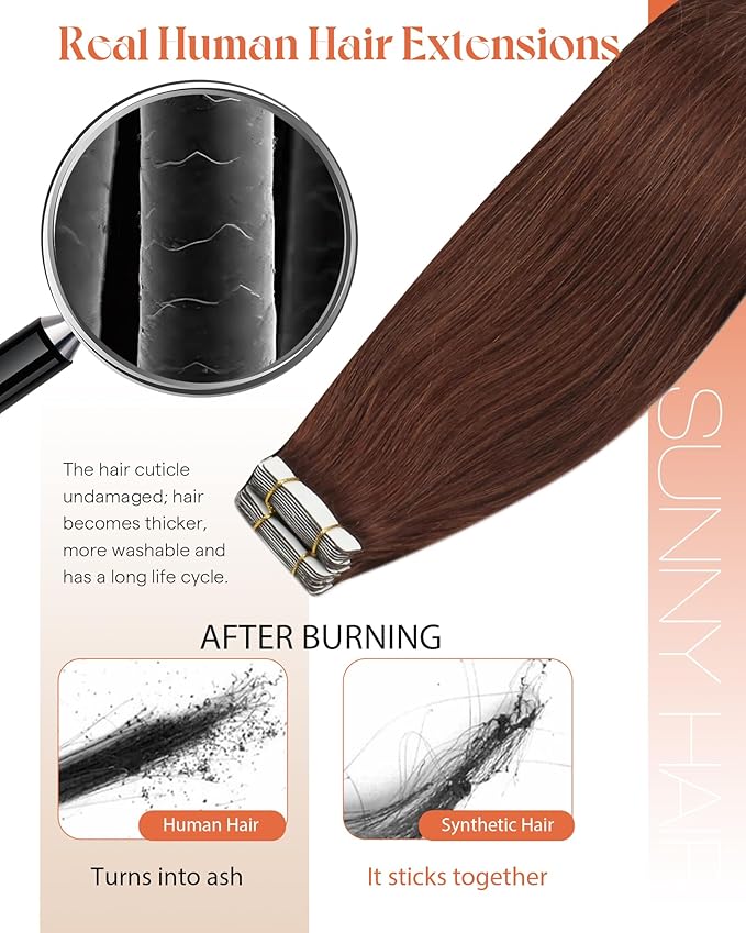 Sunny Hair Tape in Hair Extensions Real Human Hair Invisible Remy Hair Extensions Tape ins for Women Auburn Brown 12 inch 20Pcs