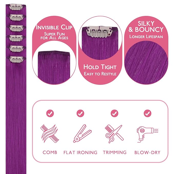 WENNALIFE Purple Clip in Hair Extensions Real Human Hair 35g 6pcs 22 Inch Colored Hair Extensions for Kids Women Colorful Hair Pieces Pop-up Style Straight Extensiones De Cabello Humano Con Clip