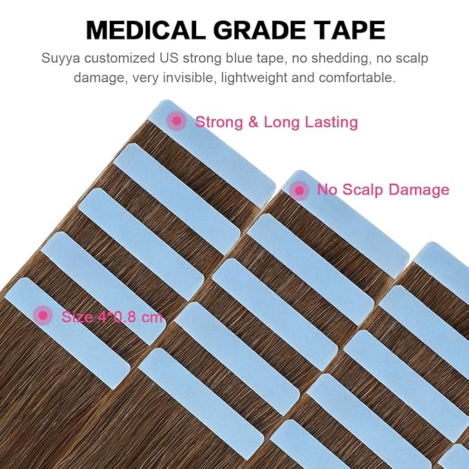 SUYYA Tape in Hair Extensions Human Hair Chestnut Brown 100% Remy Human Hair 40g/pack 20pcs Straight Seamless Skin Weft Tape Real Hair Extensions(16 inches #6 Medium Brown)