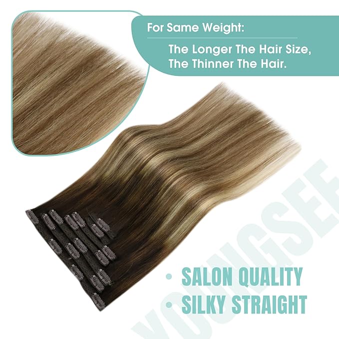 YoungSee Balayage Clip in Hair Extensions Brown Ombre Clip in Extensions Remy Hair Clip on Hair Extension for Women Chocolate Brown Roots to Medium Brown with Blonde 12inch 85g
