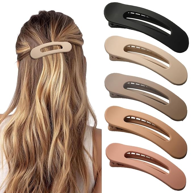5 Pcs Flat Hair Clips, Medium Lay Flat Claw Clips for Women Girls,Strong Hold Non-slip Matte Hair Claws for Thick Thin Hair(Brown&Pink)