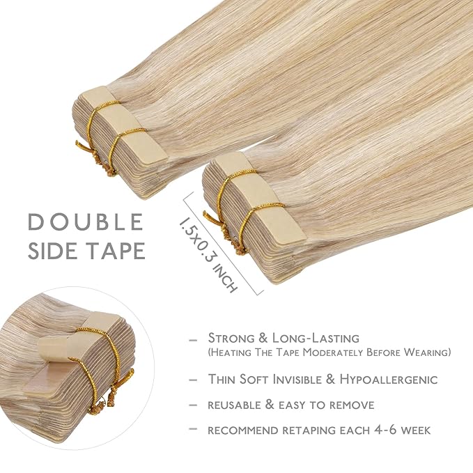 WENNALIFE Tape in Hair Extensions Human Hair, 20pcs 50g 18 inch Dirty Blonde Highlighted Bleach Blonde Remy Hair Extensions Straight Human Hair Tape in Extensions Skin Weft Extensions Hair