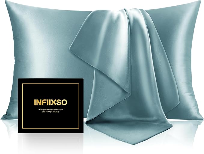 INFIIXSO Mulberry Silk Pillowcase for Hair and Skin, Silk Pillow Cases Queen Size with Hidden Zipper 20x30 Inches, Super Smooth and Soft Cooling Pillow Cases for Hot Sleepers(Haze Blue, 1 Pack)