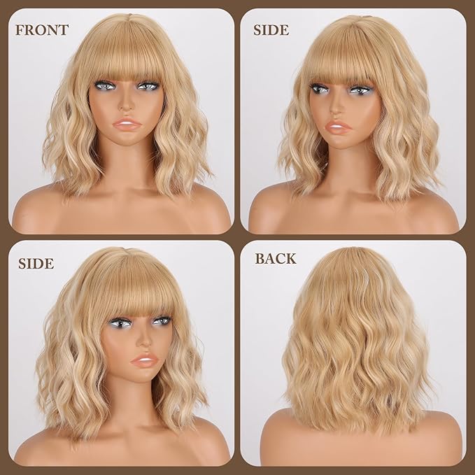 MISSQUEEN Blonde Bob Wig with Bangs Blonde Short Wavy Highlight White Wigs for Women curly hair with Bangs Heat Resistant Synthetic Wigs for Daily, Cosplay, Halloween,Party Wigs