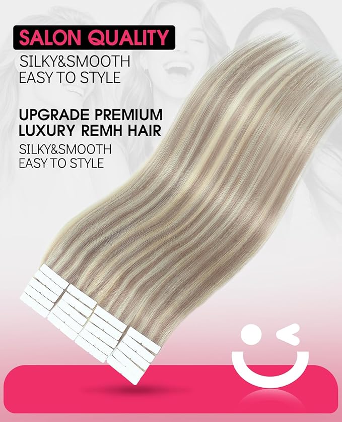 Youngsmile Injection Tape in Hair Extensions Human Hair #18P613 Ash Blonde with Bleach Blonde Real Human Hair 20pcs 30g 14 Inch Injected Tape in Hair Extensions Seamless Tape ins (#18P613,14'')