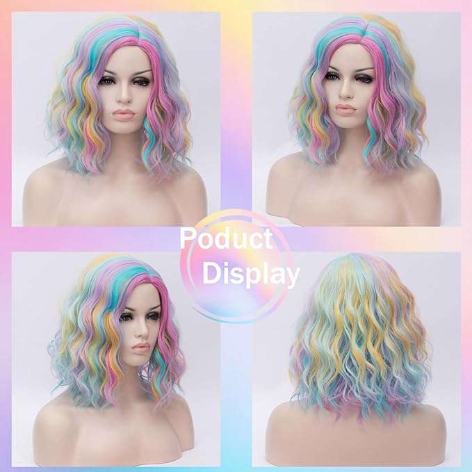 BUFASHION 14" Women Short Rainbow Kinky Straight Cosplay Synthetic Wigs With Air Bangs 46 Colors Available (Rainbow)