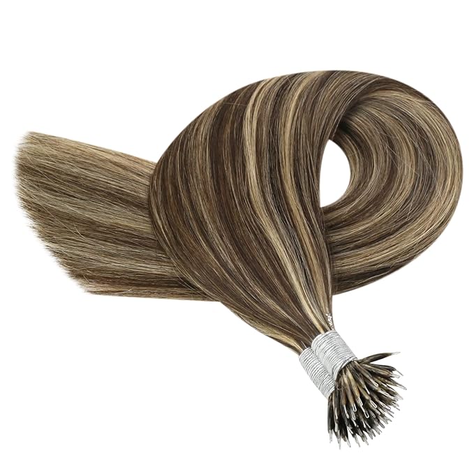 YoungSee Nano Beads Hair Extensions Human Hair Dark Brown with Caramel Blonde No Glue Nano Loop Hair Extensions Real Human Hair Pre Bonded Nano Hair Extension Highlight Brown 20in 50grams 50strands