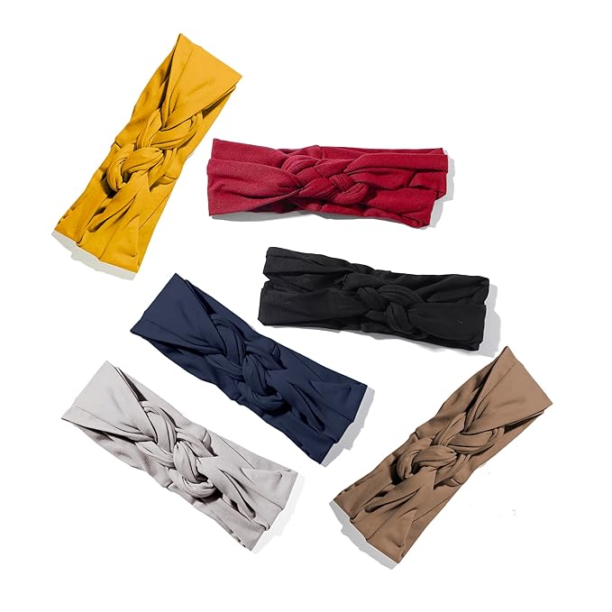 Vercret Headbands for Women Sailor Knot Headband Wide Elastic Adjustable Double Braided Hair Bands Non Slip for Girls Boho Stretchy Turban Headwrap Yoga Workout,Solid Color, 6Pcs