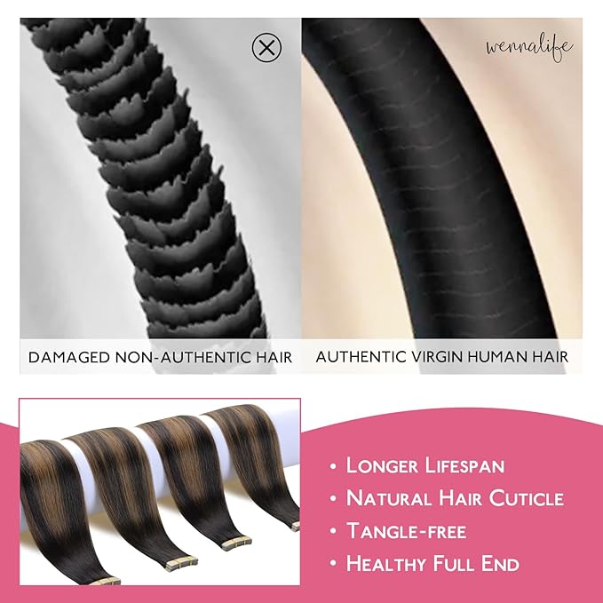 WENNALIFE Tape in Hair Extensions Human Hair Balayage Dark Brown Mixed Chestnut Brown Tape in Extensions, 10pcs 25g 16 inch Remy Invisible Tape Ins Straight Soft Real Human Hair Tape in Extensions
