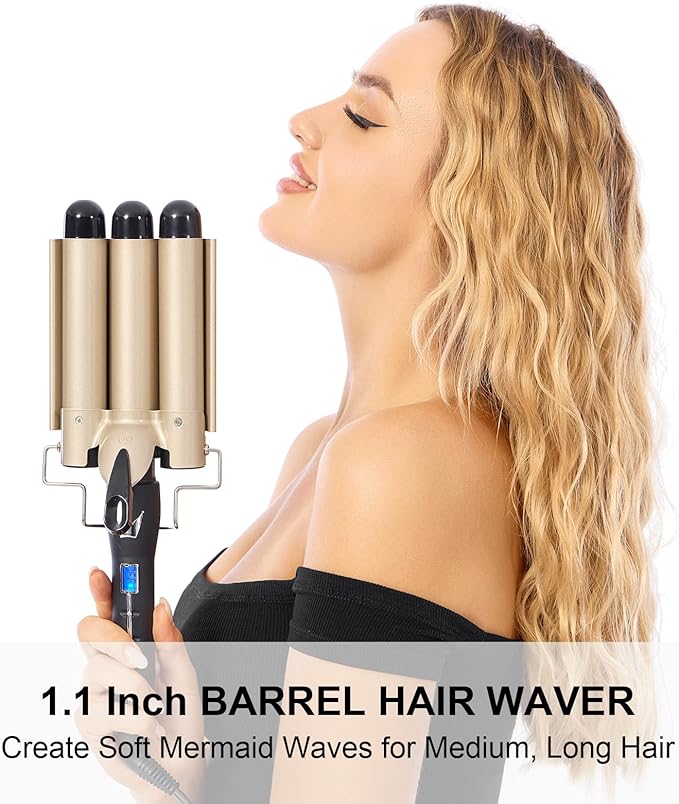 Three Barrel Curling Iron 1.1 Inch for Soft Mermaid Waves, AIMERVO Hair Crimper 15 Adjustable Heat Settings with LCD Temperature Display, Tourmaline Ceramic Deep Waver Includes Heat Resistant Glove