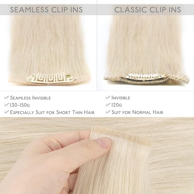 WENNALIFE Seamless Clip In Hair Extensions Human Hair, 18 Inch 130g 7pcs Platinum Blonde Real Hair Extensions Clip in Human Hair Invisible PU Skin Weft Natural Remy Human Hair Extensions