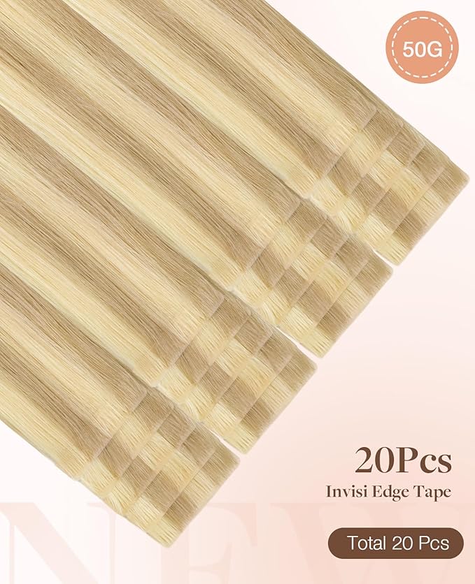 GOO GOO Invisi Edge Tape in Hair Extensions Human Hair, 18D/22F Dirty Blonde Highlights 20pcs 12inch 40g, Virgin Remy Hair, Seamless Injected Tape, Natural Look