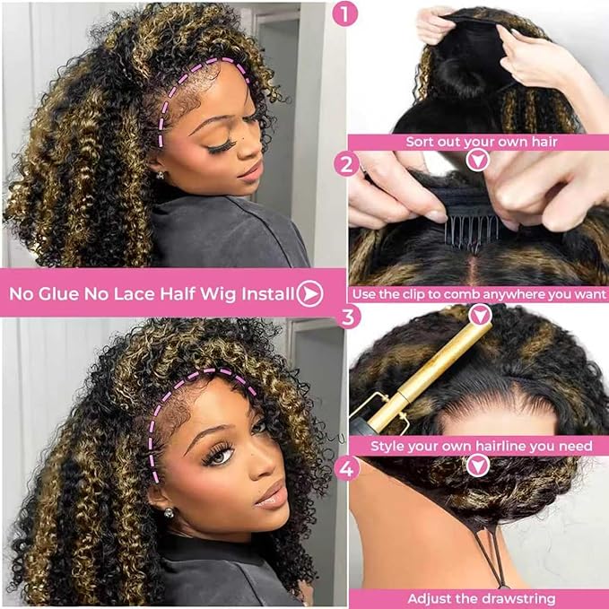 Half Wig Human Hair 250% Density Ombre Kinky Curly Wear Go Glueless Wigs Human Hair Balayage Highlight 3 In 1 Half Wig With Adjustable String Flip Over Beginner Friendly Invisible Hairline