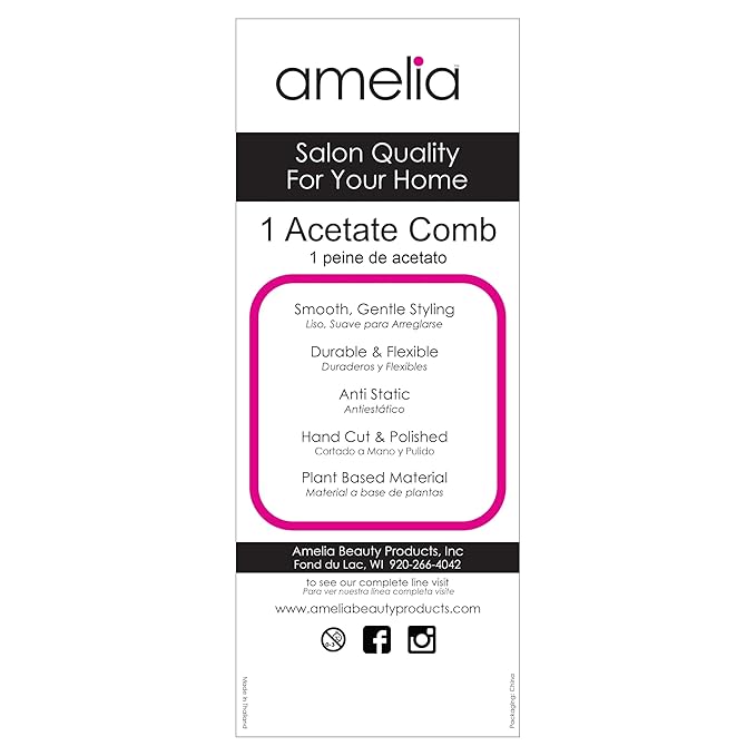 Amelia Beauty Cellulose Acetate 8in Rat Tail Comb, Handmade, Smooth Edges, Eco-Friendly Plant Based Material, Log Tail Sectioning, Course Teeth - Black Color