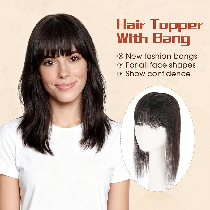 Rich Choices Human Hair Toppers for Women-100% Real Remy Hair Topper with 3D 360°Bang-Upgraded 150% Density 9 * 12CM Lace Base-Clip in Hairs topper for Thinning Hairs-10Inch #1B Natual Black