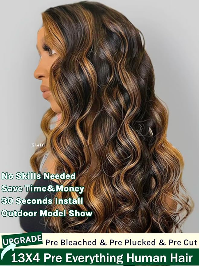 KLAIYI Pre Everything 13x4 Glueless Wig Ombre Brown Body Wave Pre Cut Lace Front Wigs Human Hair Pre Plucked Pre Bleached Wear and Go Wig with Dark Roots 12A Highlight Balayage 3S Ready To Wear 26Inch