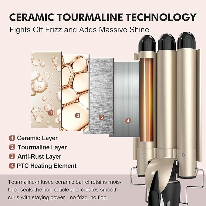 Hair Waver 3 Barrel 1 Inch for Classic Beach Waves, AIMERVO Crimper Tool for Women 15 Temp Settings from 170 to 450°F, Tourmaline Ceramic Crimping Iron, PTC Heater Technology, 1 Hour Auto Shut-Off
