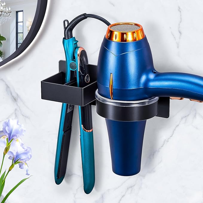 Hair Straightener Holder Wall, Blow Dryer Holder Wall Mounted Hairdryer Holder for Bathroom, Hair Tools Organizer & Storage Curling Iron Holder, Salon Hair Dryer Holder (Black)