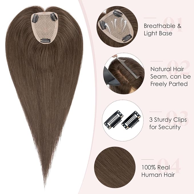 Hairro Human Hair Toppers Free Parted, 3.5x4.7" Base Hand-wovened 100% Real Hairpieces, with Invisible Clips-in for Women, for High Hairline/Adding Volume on Top, 16 Inch Cocoa Brown