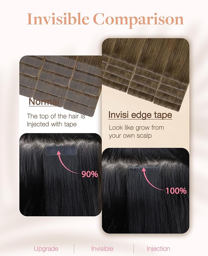 GOO GOO Invisi Edge Tape in Hair Extensions Human Hair, 3/8/613 Balayage Walnut Brown to Ash Brown and Bleach Blonde, 6pcs 16inch 15g, Virgin Remy Hair, Seamless Injected Tape, Natural Look
