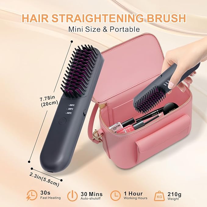 Hot Comb Electric, Cordless Hair Straightener Brush Travel, Mini Hair Brush, Heated Comb with 3 Temp Settings, Rechargeable Portable Hair Straightener for Women, Auto Shut-Off, Anti-Scald