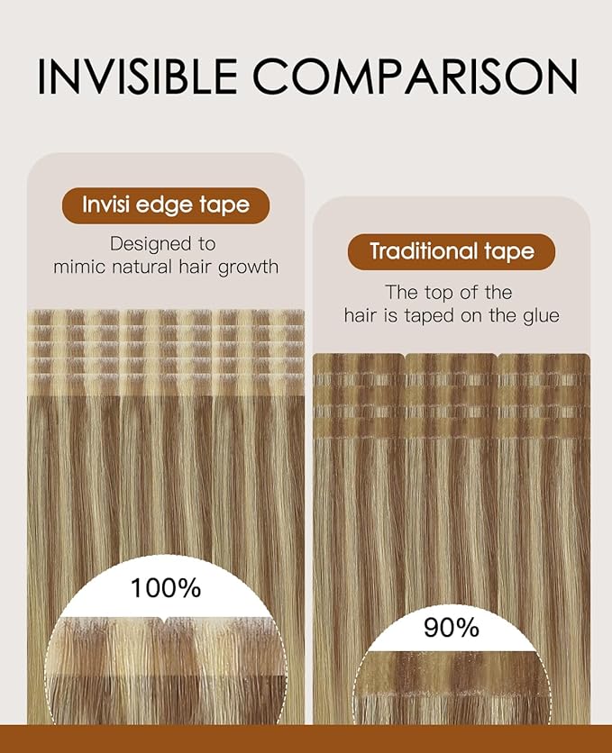 VINBAO Invisi Edge Tape in Extensions Real Human Hair, Balayage Golden Brown Fading to Golden Blonde, Seamless Injection Tape in Hair Extensions 20pcs 40g 14inch #10/16/16