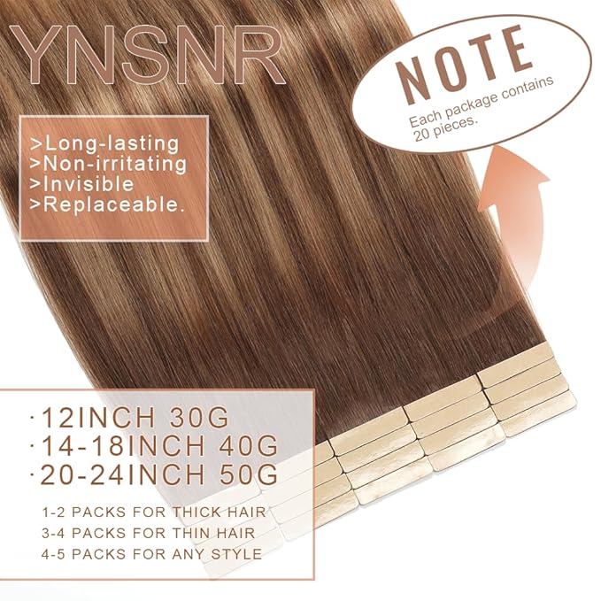 Tape in Hair Extensions Human Hair 16 Inch 20pcs Invisible Tape ins Hair Extensions Real Human Hair Chocolate Brown to Caramel Blonde Remy Seamless Injected Tape Extensions