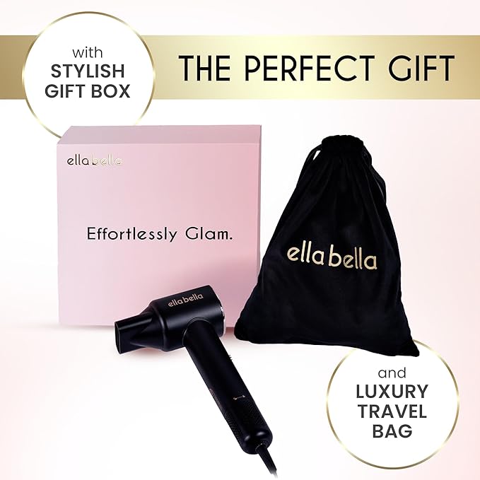 ELLA BELLA® Compact Plasma Hair Dryer, Advanced Plasma Technology Blow Dryer with Digital Display, Rapid Drying, Low Noise, & Luxury Velvet Travel Bag - Includes Diffuser & Nozzle- for All Hair Types
